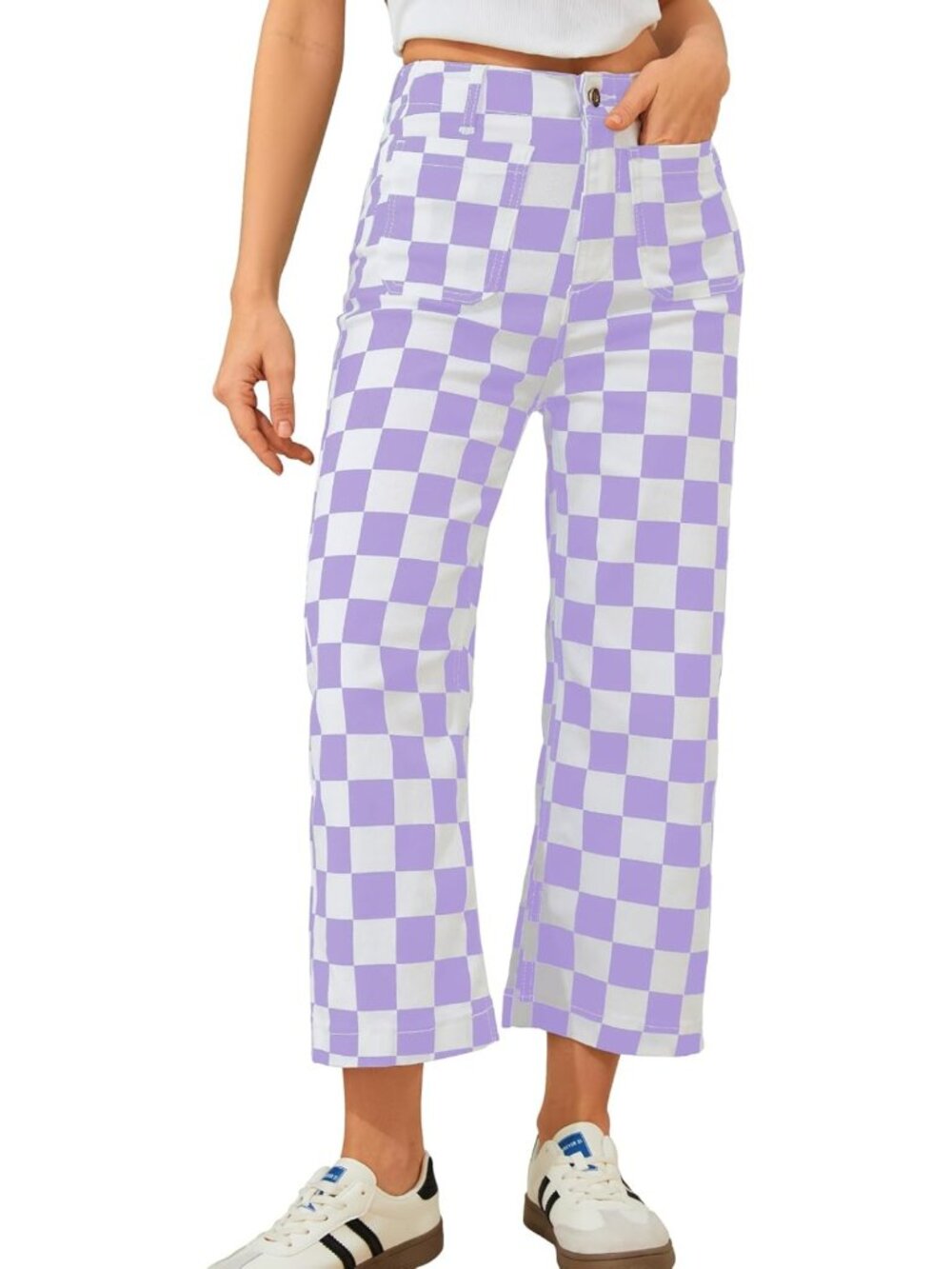 High-Waisted Cropped Jeans for Women | Checkered Stretchy Straight Leg Trousers
